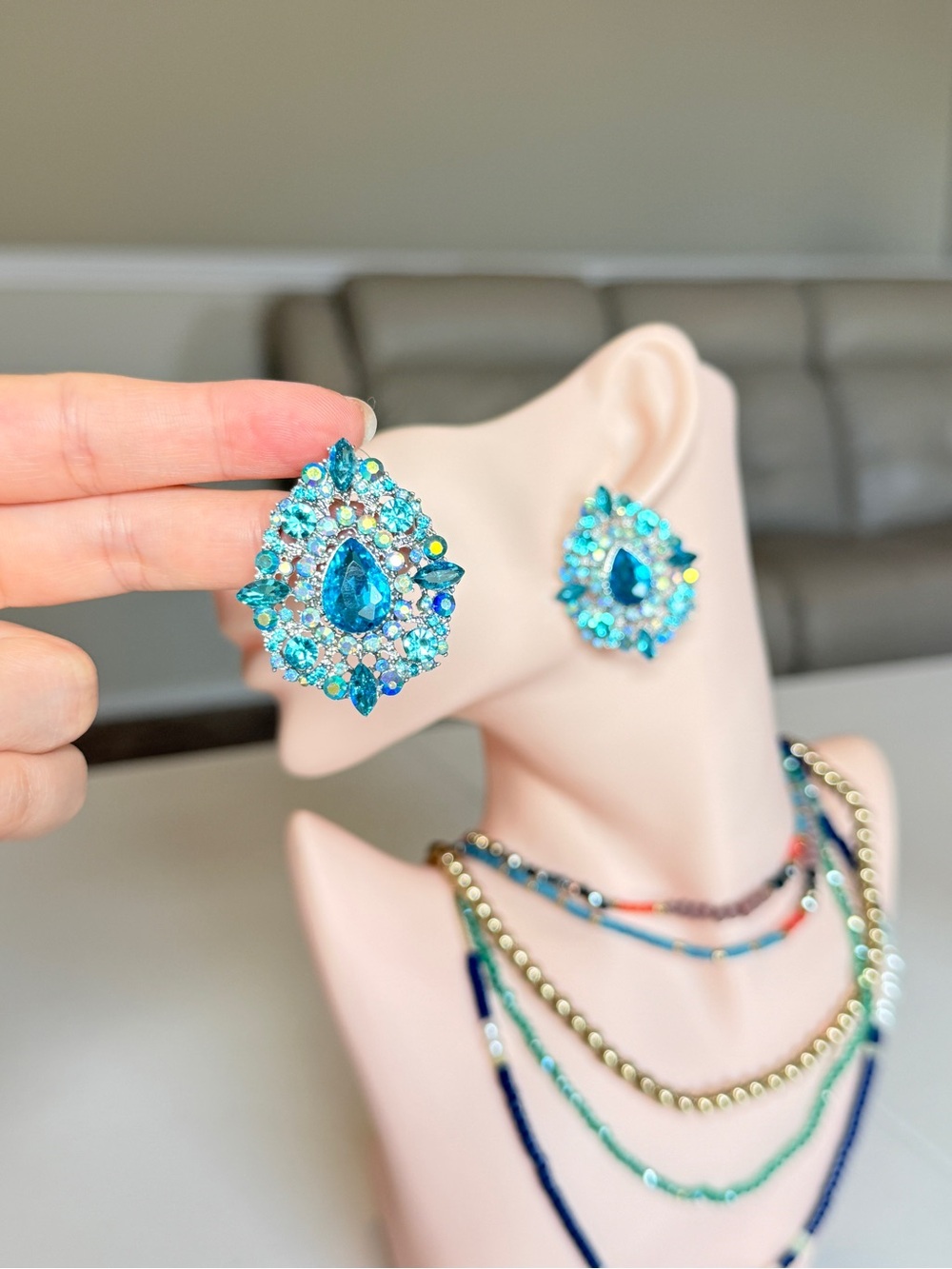 Crystal Teardrop Cluster Earrings in Aqua Blue - Picture 4 of 10
